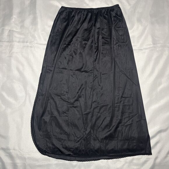 Vtg VANITY FAIR Long Slip Skirt Black Nylon Slit Lace Trim Lingerie Made in USA - Picture 1 of 6